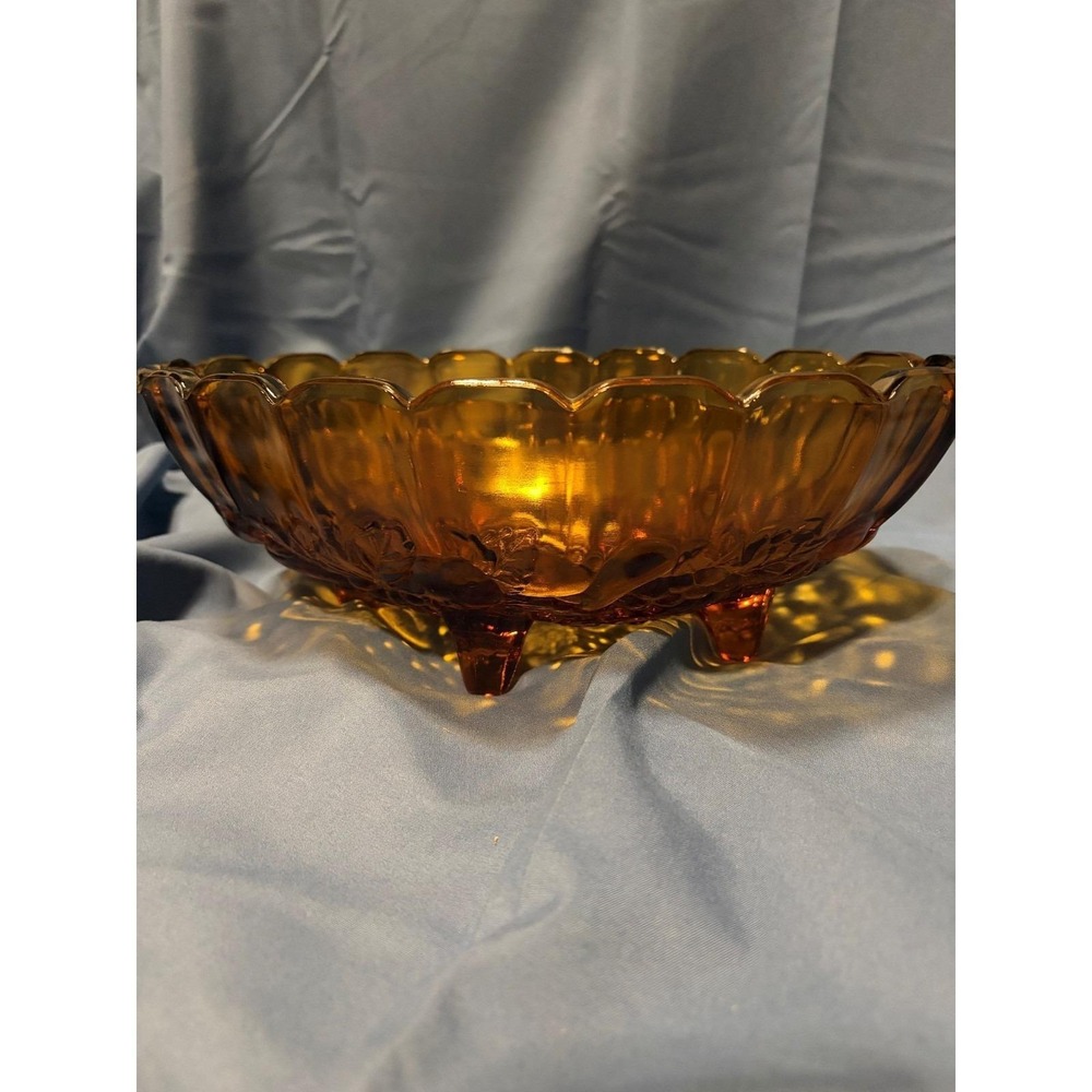 Vintage Indiana Glass Amber Footed Oval Fruit Bowl Harvest Grape Pattern